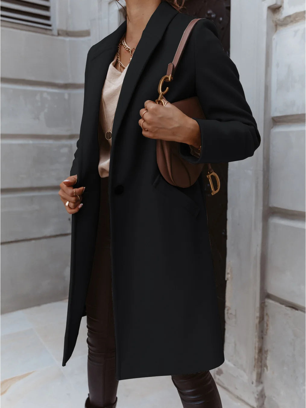 Women's Solid Color Woolen Coat - Lapel Button Mid-Length Autumn & Winter, Office Wear Cathy