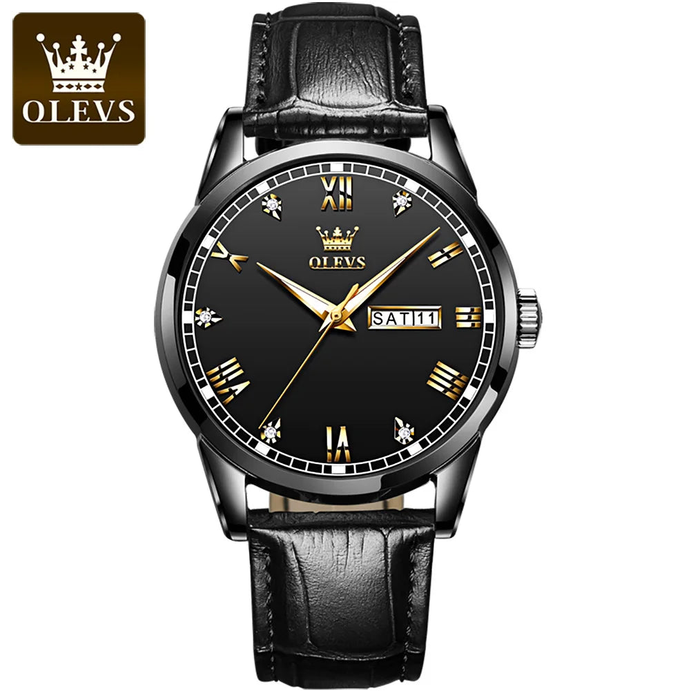 OLEVS 6896 Genuine Leather Strap, Quartz Movement, Waterproof Design