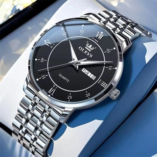 OLEVS 3680 Men's Quartz Watch – Original Movement, Stainless Steel, Waterproof, Luminous Large Dial, Date Function, New Design