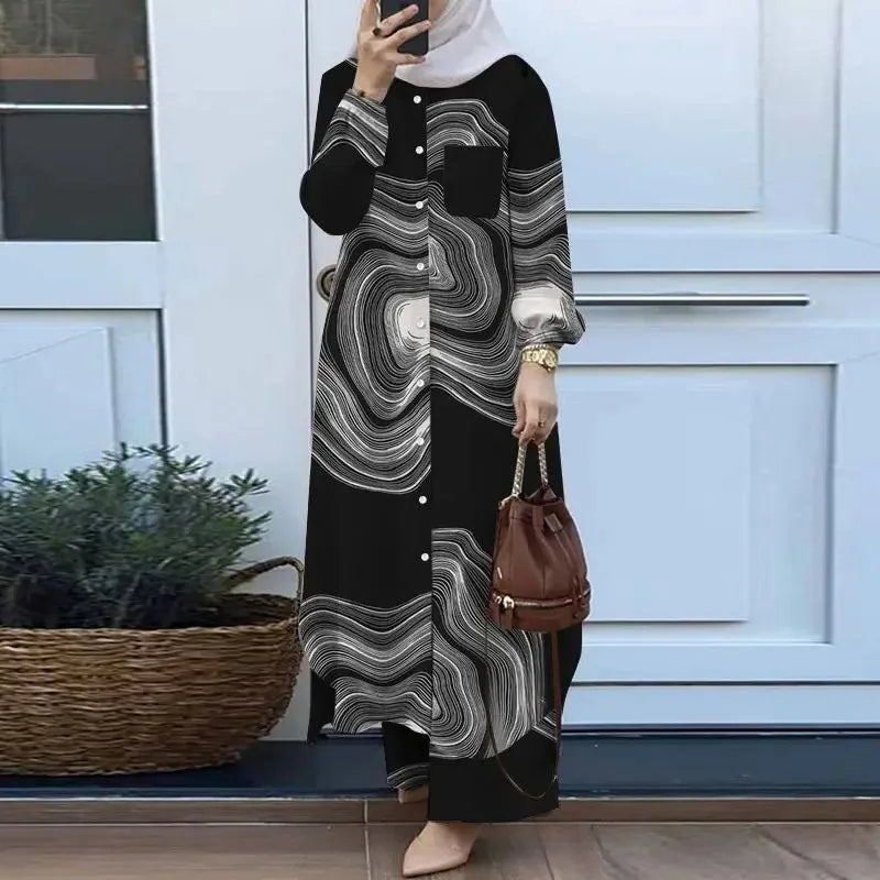 Muslim Women's Arabic Style Two-Piece Outfit – Long-Sleeve Shirt and Trousers Set for Modest Fashion Hiba