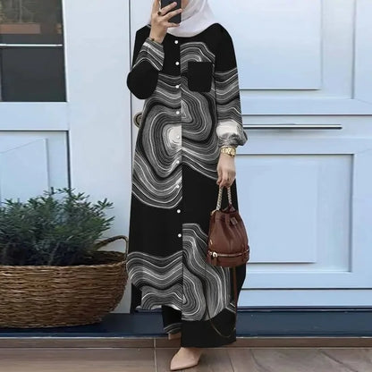 Muslim Women's Arabic Style Two-Piece Outfit – Long-Sleeve Shirt and Trousers Set for Modest Fashion Hiba