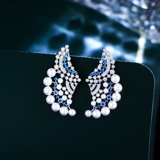 Elegant Blue Cubic Zircon Geometric Pearl Earrings for Women – Wedding & Party Jewelry