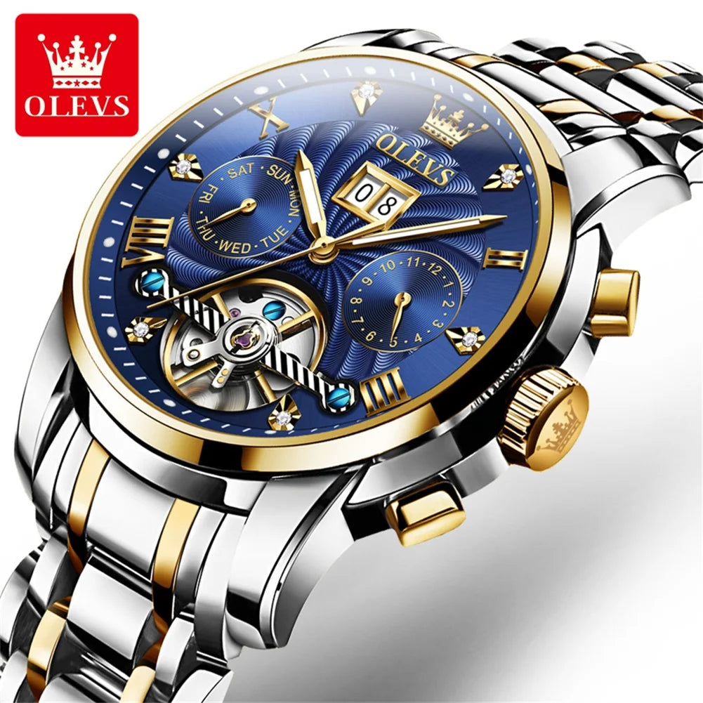 OLEVS 9910 Men's Luxury Tourbillon Watch - Automatic Mechanical, Stainless Steel Strap, Waterproof, Luminous Dial, Auto Date Display, Business Style