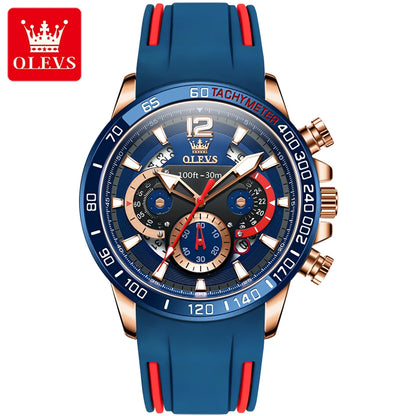 OLEVS 9936 Men's Sports Watch - Silicone Blue Strap, Waterproof Quartz, Luminous, Calendar Display
