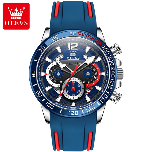 OLEVS 9936 Men's Sports Watch - Silicone Blue Strap, Waterproof Quartz, Luminous, Calendar Display