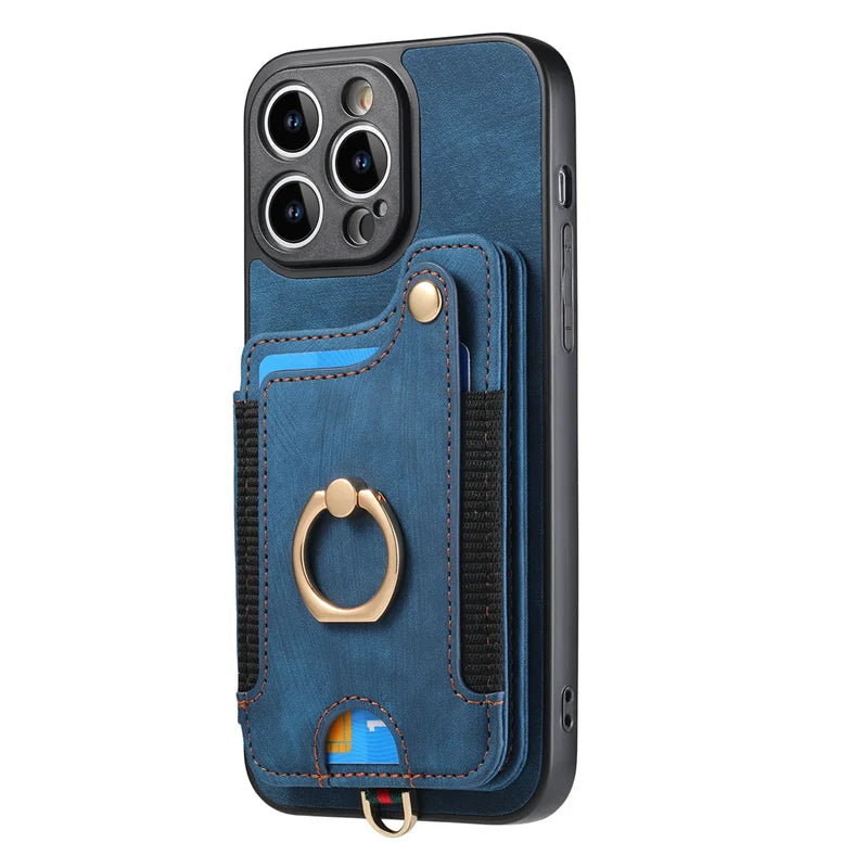 Leather Card Holder Phone Case – Protective Cover with Strap for iPhone 15, 14, 13