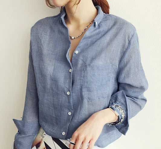 New Fashion Women’s Long Sleeve Cotton Linen Blouse – Lapel Button Cardigan Style, Lightweight Casual Tops for Women & Girls Kelyn