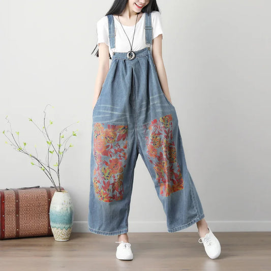 Women's Plus Size Wide-Leg Denim Jumpsuit – Printed Backband, Washed Finish, and Literary Style Ginny