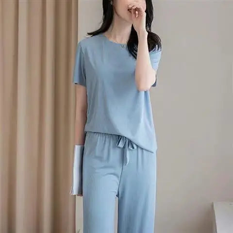 Women's Summer Casual Two-Piece Set – Solid Color Short Sleeve T-Shirt and Wide-Leg Trousers