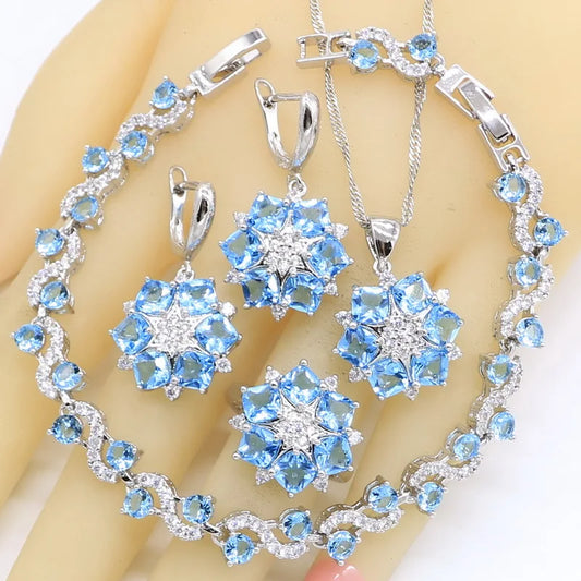 925 Sterling Silver Luxury Jewelry Set for Women – Blue Zircon Wedding Bracelet, Earrings, Necklace, Pendant & Ring | Bridal & Birthday Gift Ghislaine