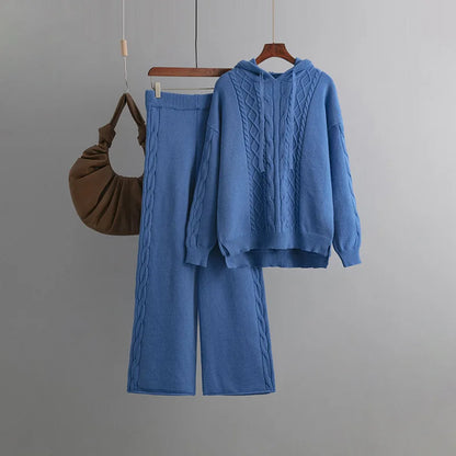 Women’s Warm Knit Jumpsuit Set – Hooded Cable Pullover and Two-Piece Sweater Outfit | Cotton-Nylon Blend Lorelei