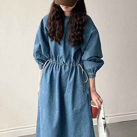 Retro Denim Dress | Spring Round Neck Tie-Waist Large Swing Washable Style Emma