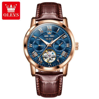 OLEVS 6668 Men's Mechanical Watch - Luxury Business Wristwatch with Genuine Leather Band, Waterproof and Luminous Design