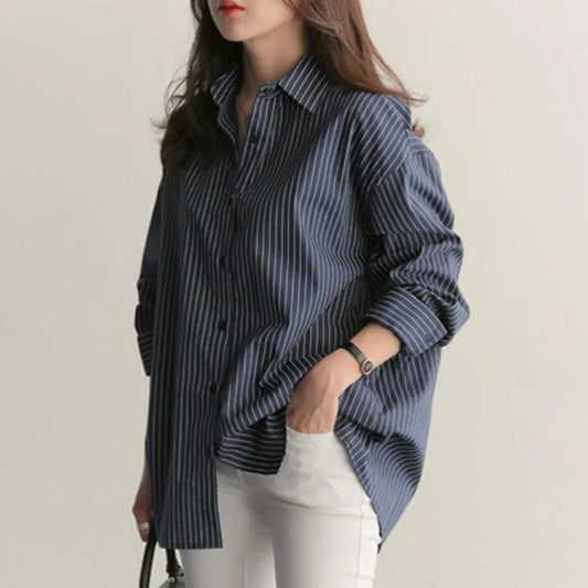 Women’s Spring and Autumn Cotton Striped Blouse – Loose Casual Long Sleeve V-Neck Button-Up Shirt with Lapel Design Ciara
