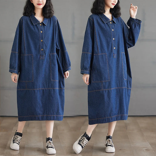 Women's Fashionable Mid to Long Denim Dress – Loose Fit, Slimming Design for a Trendy Look Kestrel