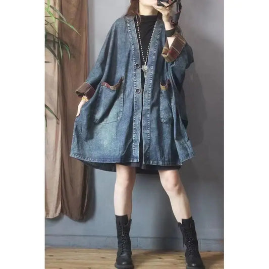 Vintage Casual Loose Denim Women's Coat with Pockets – Mid-Length V-Neck Jacket Maeve