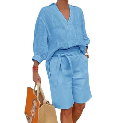Women's Summer Cotton Linen Set | V-Neck Loose Shirt & Casual Shorts Bea