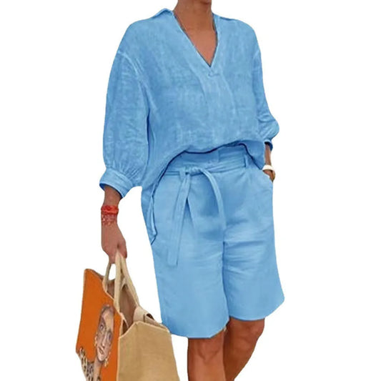 Women's Summer Cotton Linen Set | V-Neck Loose Shirt & Casual Shorts Bea