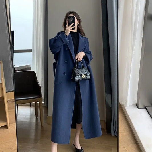 Women's Long Wool Coat – Elegant Solid Color Lapel V-Neck Midi Overcoat Victoria
