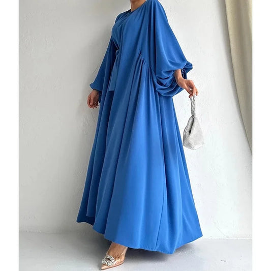 Two-Piece Abaya Set with Long Sleeve Outer & Sleeveless Inner Dress – Dubai & Turkey Style Muslim Nabila