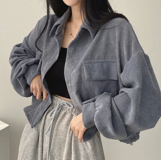 Women's Elegant Corduroy Jacket - Single-Breasted Casual Coat with Turn-Down Collar and Short Lantern Sleeves Celeste