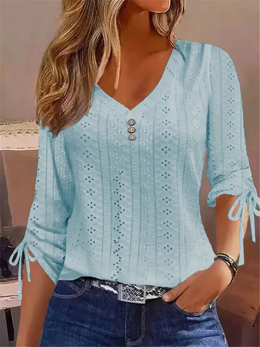 Autumn/Winter Solid Color Jacquard V-Neck Button-Up Long-Sleeve Top