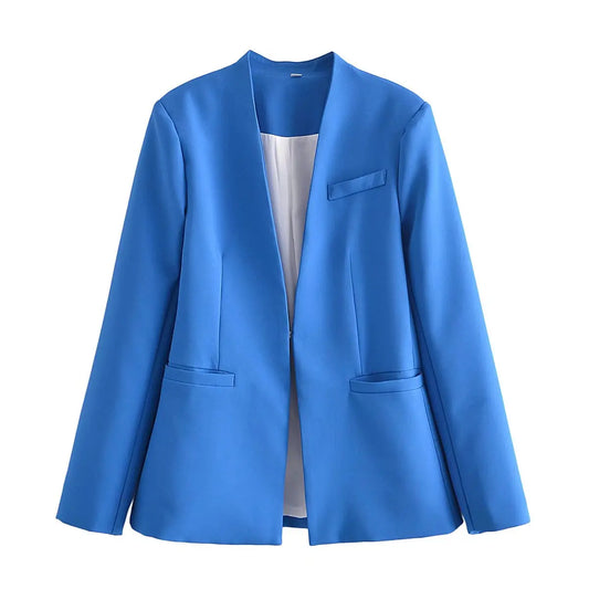 Women's Casual Long Sleeve Suit Jacket - All-Match Lapel-Free Blazer with Shoulder Pads Clemence
