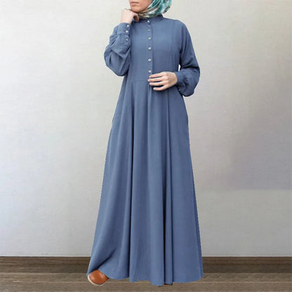 Long Sleeve Retro Ethnic Abaya with Buttons | Elegant Muslim Dress for Women Amira