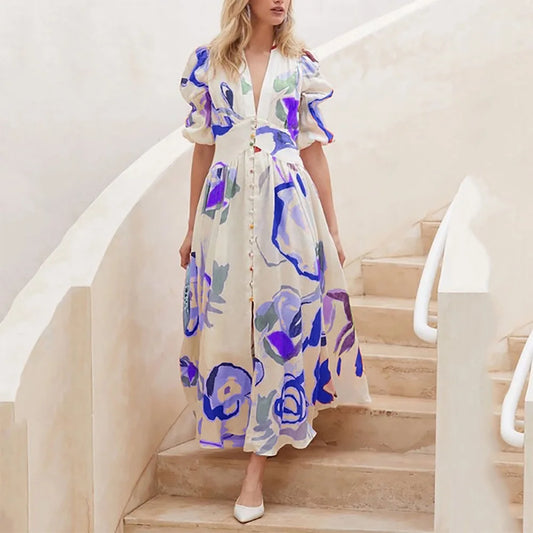 Women Summer Casual Chiffon Floral Print V Neck A-line Maxi Long Beach Women Elegant Dress