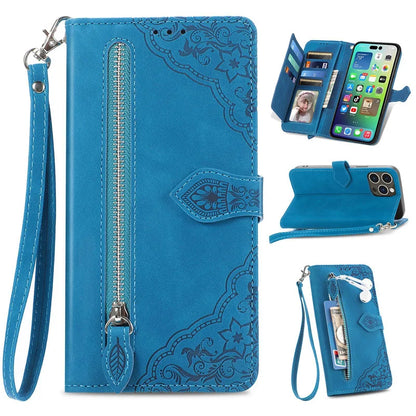 Luxury PU Leather Wallet Phone Case | Zipper Card Holder with Butterfly Flower Design & Strap for iPhone 16, 15, 14 Pro and Samsung