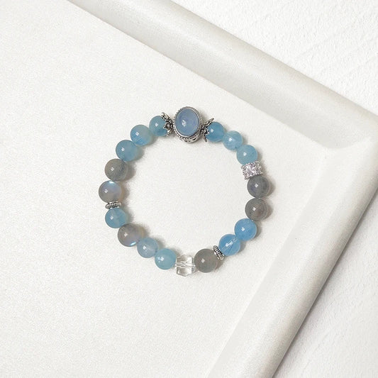 Trendy Spiritual Gem Bracelet – Aquamarine, Gray Moonstone, Clear Quartz for Calm, Intuition & Chakra Balancing