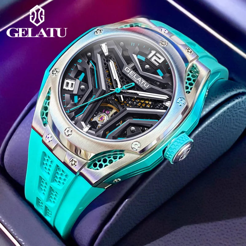 GELATU 6007 Men's Hollow Automatic Mechanical Skeleton Sports Watch with Silicone Strap - Original Design