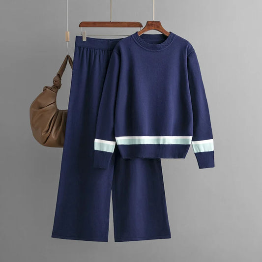 Women's Wool-Cotton Knit Jumpsuit – Striped Pullover & Crew Neck Two-Piece Sweater Set Bridget