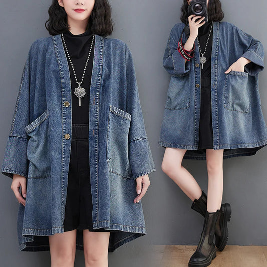Vintage V-Neck Denim Trench Coat – Casual Medium-Length Jacket with Pockets Harper
