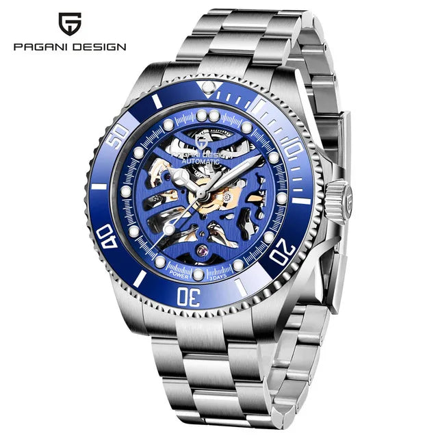 PAGANI DESIGN PD‑1659 Men’s Skeleton Automatic Mechanical Watch | Business Luxury Wristwatch with Date, Hollow‑Out Dial, 3ATM Water Resistant