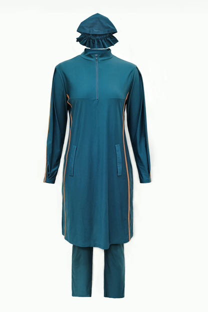Blue Long-Sleeve Muslim Swimwear | Zipper 3-Piece Burkini with Hijab Hafsa