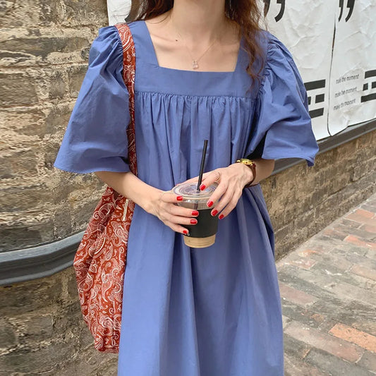 Women Summer Long Dress Minimalist Temperament Square Neck Loose Pleated Flying Sleeves Casual