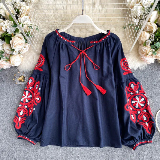 Women Blouse Retro National Style Bohemian Embroidery Lace up Tassel V-neck Lantern Sleeve