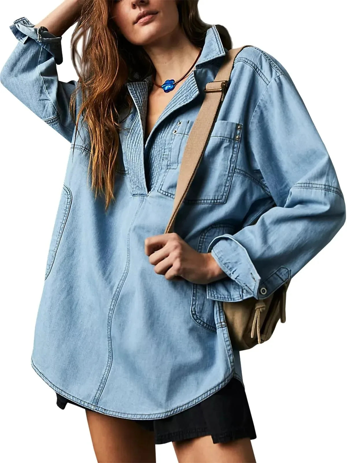 Trendy Women's Slim Fit Denim Shirt - Long Sleeve Lapel Casual Style Meghan