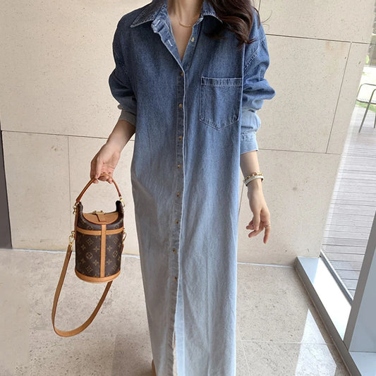Women's French Style Denim Dress | Gradient Halo Dye, Lapel, Single-Breasted, Loose Long Sleeve Design Diane