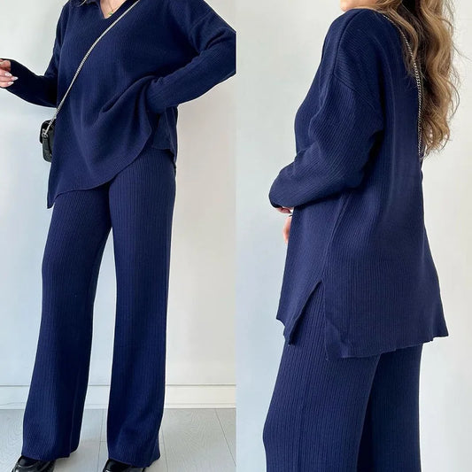 Autumn Women's Casual Two-Piece Set – Solid Color Loose-Fit Top and Split Hem Pants