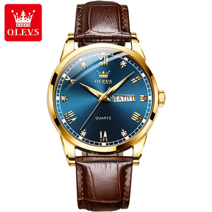 OLEVS 6896 Genuine Leather Quartz Watch – Waterproof Unisex Design with Stylish Dial for Men and Women