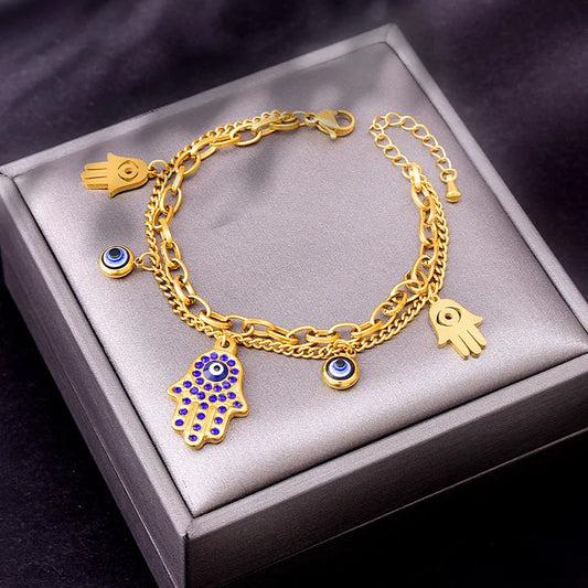 Luxury 18K Gold Blue Zircon Eye Jewelry Set – Double Chain Necklace, Bracelet & Earrings for Women Sylviane