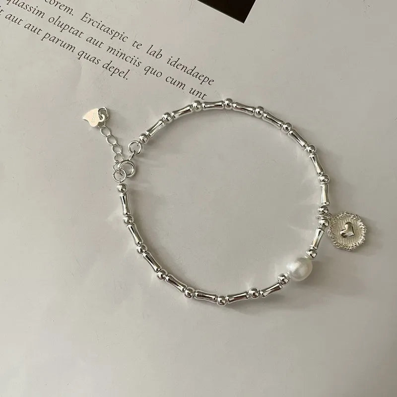 Handmade 925 Pure Silver Bead Necklace – Natural Freshwater Pearl, Bamboo Round Design with Heart Charm Bracelet Aylin