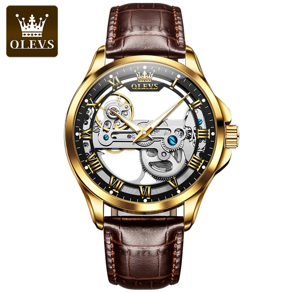 OLEVS 6661 Men's Mechanical Watch – New Design, Skeleton Dial, Real Leather Band, Waterproof, Transparent Mirror Wristwatch