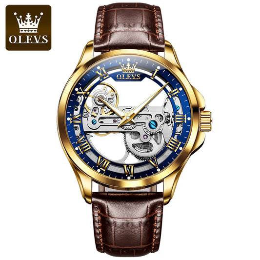 OLEVS 6661 Men's Mechanical Watch – New Design, Skeleton Dial, Real Leather Band, Waterproof, Transparent Mirror Wristwatch