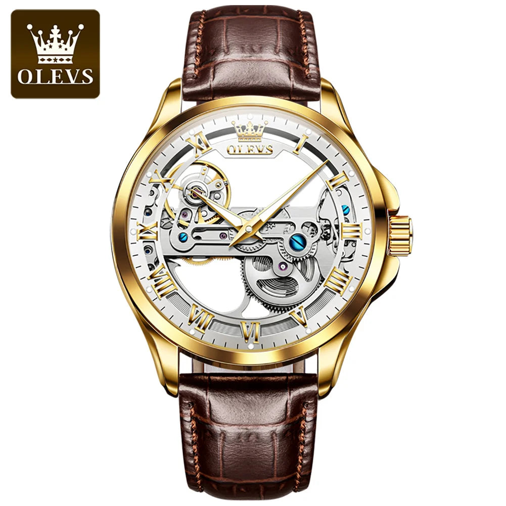 OLEVS 6661 Men's Mechanical Watch – New Design, Skeleton Dial, Real Leather Band, Waterproof, Transparent Mirror Wristwatch