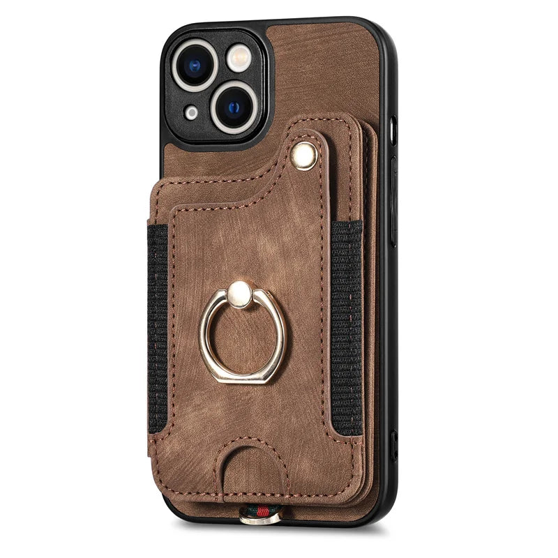 Leather Card Holder Phone Case – Protective Cover with Strap for iPhone 15, 14, 13