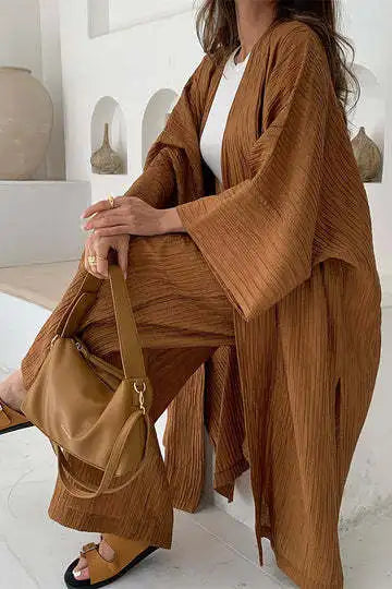 Women's Pleated Texture Top and Straight Casual Pants Set – Stylish Autumn Outfit