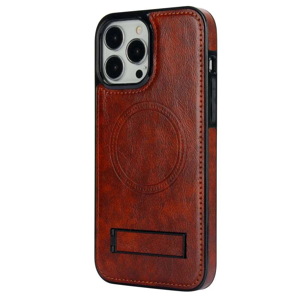 Luxury Leather Strong Magnetic Wireless Charging Mobile Case for iPhone 15 14 12 Pro Max Kickstand Phone Case